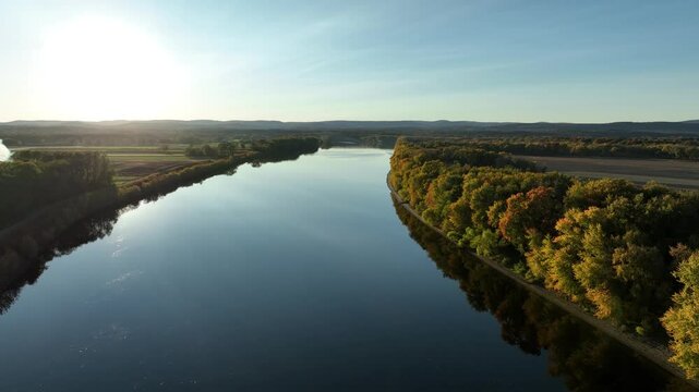 Calm Waters Of Connecticut River, Hadley, Massachusetts - Aerial Drone Shot