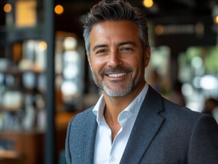 Fototapeta premium Smiling man in casual attire standing in a modern coffee shop environment.