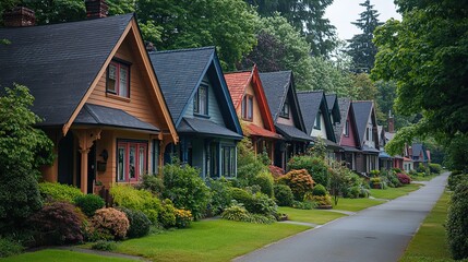 row of well-maintained houses with lush greenery, displaying an idyllic American town street and sense of community.stock photo