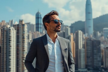 Stylish man in sunglasses stands confidently against a city skyline.