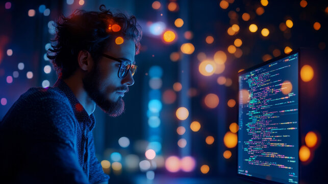 A focused man with glasses is coding on computer in dimly lit environment filled with colorful bokeh lights, creating vibrant and tech savvy atmosphere