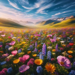 Wildflower meadow in full bloom under a clear spring sky