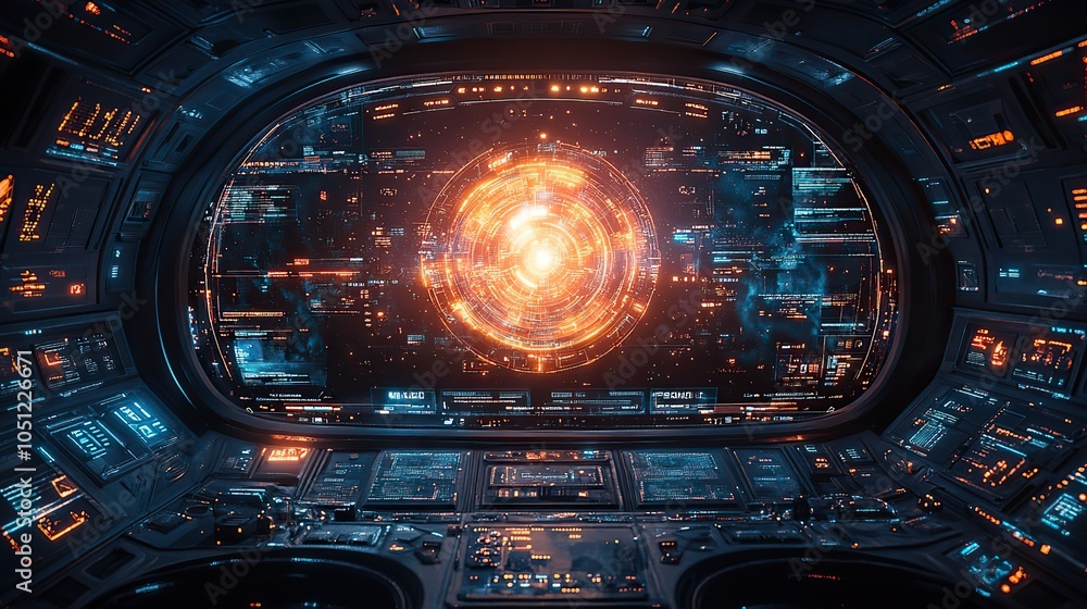 Poster sci-fi futuristic HUD display showcases virtual reality technology, offering insights into advanced interface stock photo