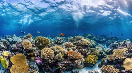 Fototapeta premium A vibrant coral reef teeming with life, showcasing a diverse array of colorful corals and fish beneath a rippling surface.