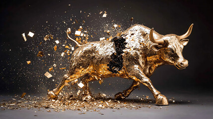 striking golden bull statue appears to be cracking and breaking apart, symbolizing strength and resilience amidst chaos. dynamic motion captures sense of urgency and power