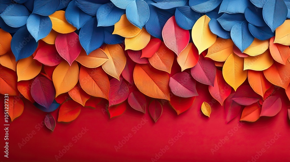 Poster seamless pattern made of colorful autumn leaves on red background, representing the Hello Autumn or Thanksgiving Day holiday, perfect for greeting card or poster designs in paper-cut style.image