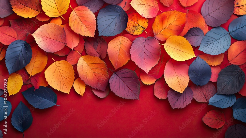 Poster seamless pattern made of colorful autumn leaves on red background, representing the Hello Autumn or Thanksgiving Day holiday, perfect for greeting card or poster design