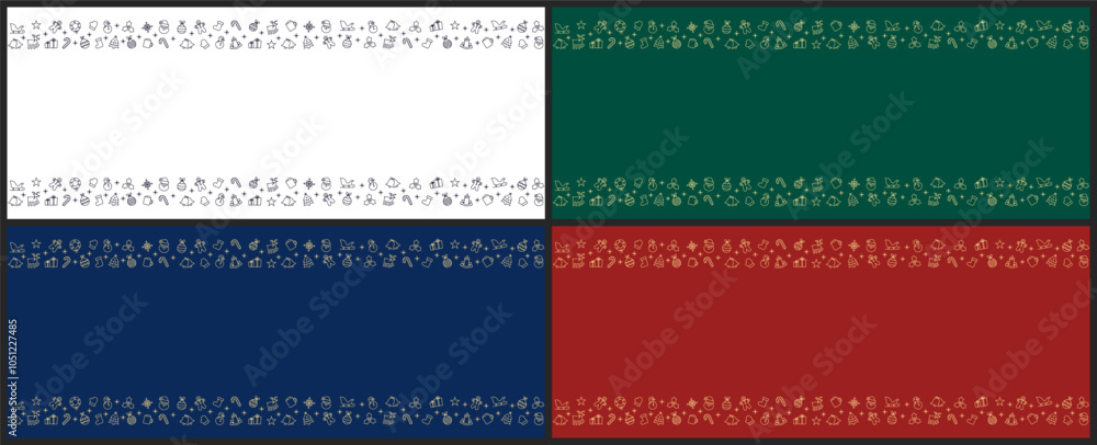 Poster christmas web header banner set. vector horizontal background with festive icon ornaments frame.