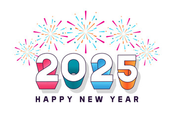 Happy new year 2025 background. 3d text, explosion of fireworks in white background. For seasonal holiday web banners, flyers and festive posters