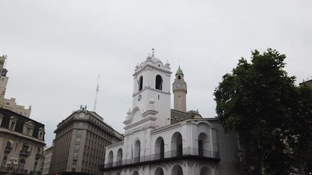 Establisher at colonial white landmark Cabildo, Buenos Aires City Antique tower