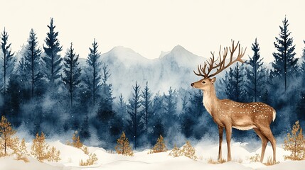 seamless pattern with deer standing in snowy winter forest, representing beautiful nature landscape, perfect for Christmas or New Year concepts, designed in watercolor style for print.illustration