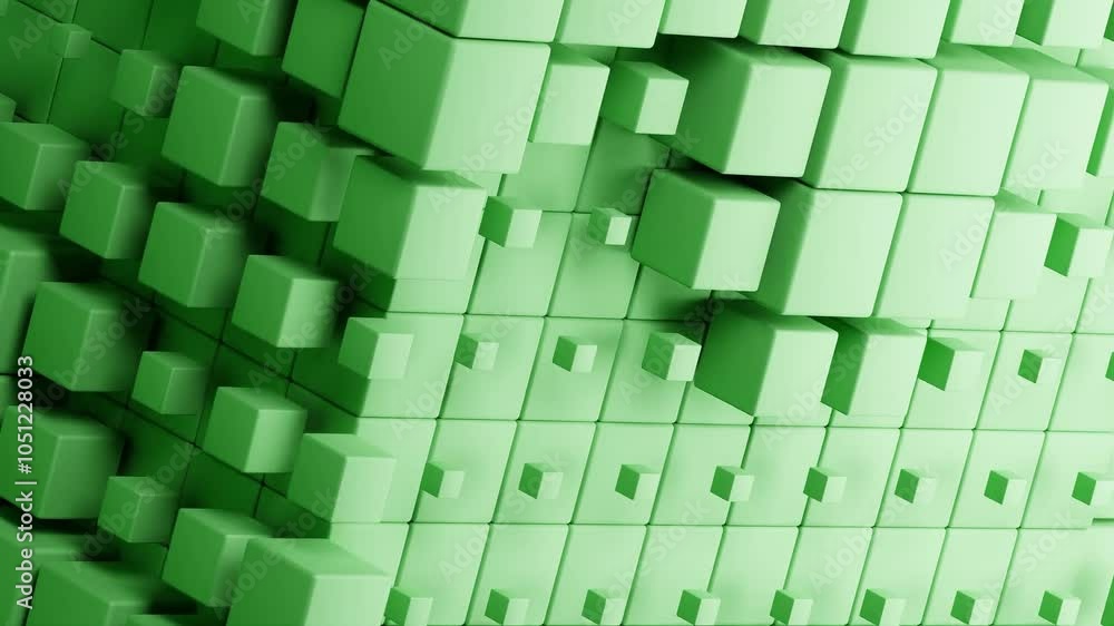 Poster abstract 3d cube structure composed of small blue cubes on a green background. digital geometric des