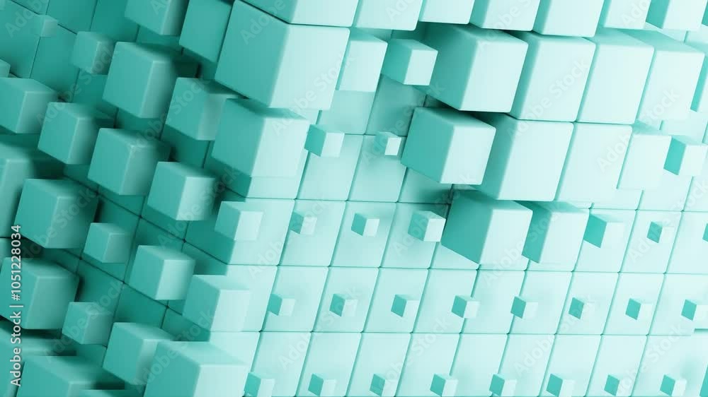 Poster abstract 3d cube structure composed of small blue cubes on a mint blue background. digital geometric