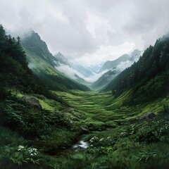 Fototapeta premium Serene Mountain Valley with Foggy Peaks and Lush Greenery