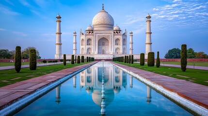 Naklejka premium Taj Mahal Reflection in Water Indian Architecture Landmark Travel Photography