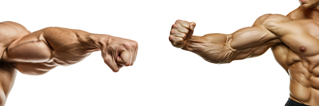 Set of a close-up of a bodybuilder flexing their biceps, isolated on a transparent background.