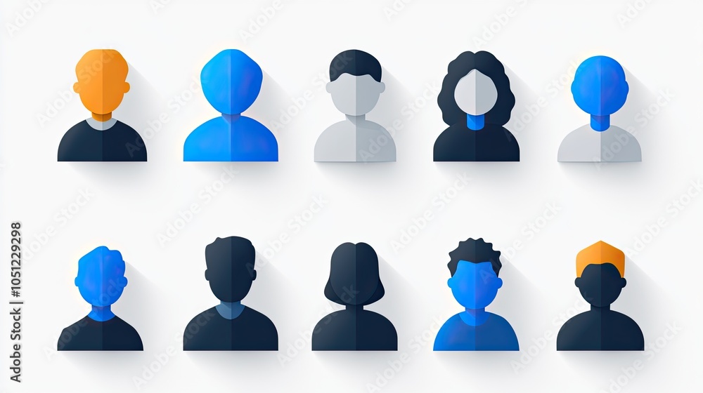 Poster set of group icons with flat design in blue and grey, set on white background, featuring minimalisti