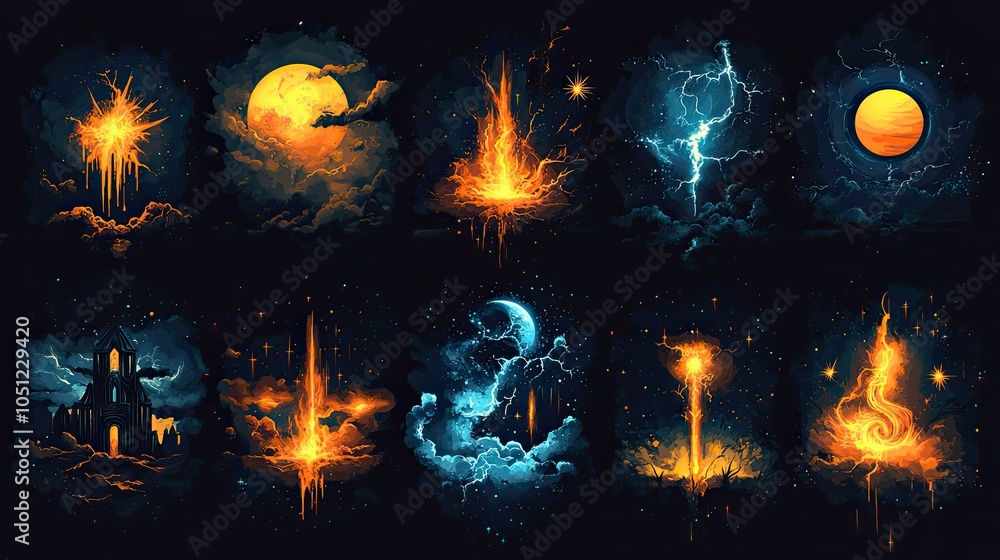 Aufkleber set of lightning bolts and thunderstorm symbols representing magic or natural power.