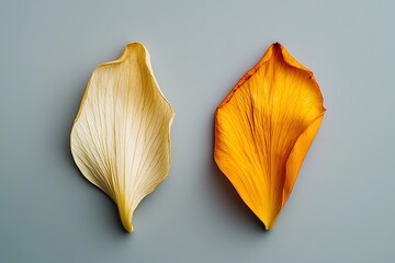 Naklejka premium Two delicate petal-like leaves are displayed side by side, showcasing contrasting colors of cream and vibrant orange against a muted background.