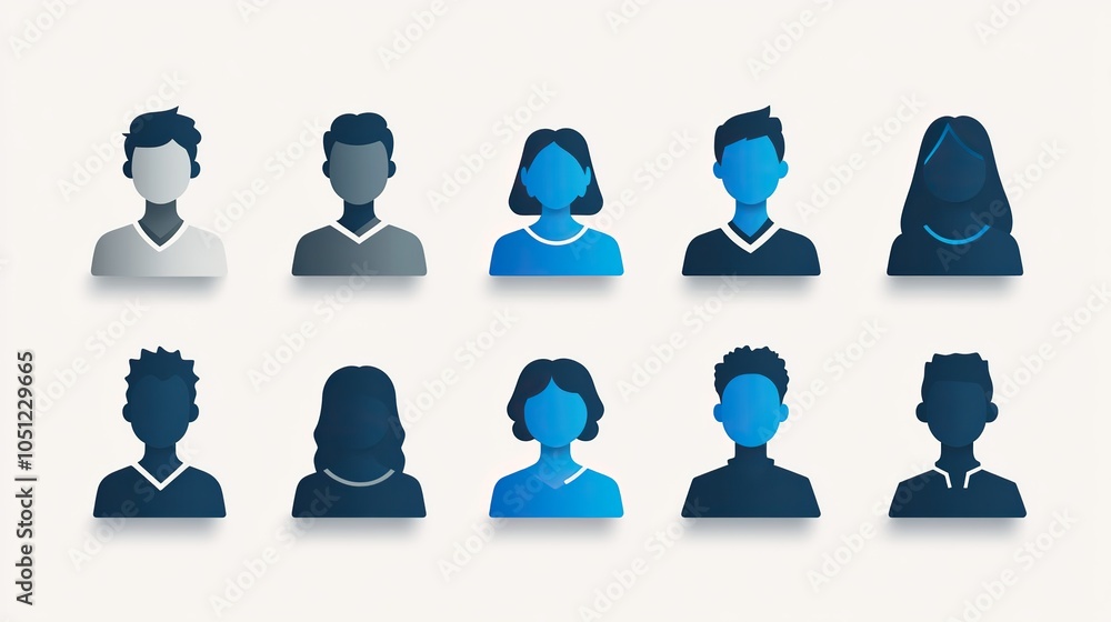 Poster set of simple icons representing people in groups, designed in blue and grey against white backgroun