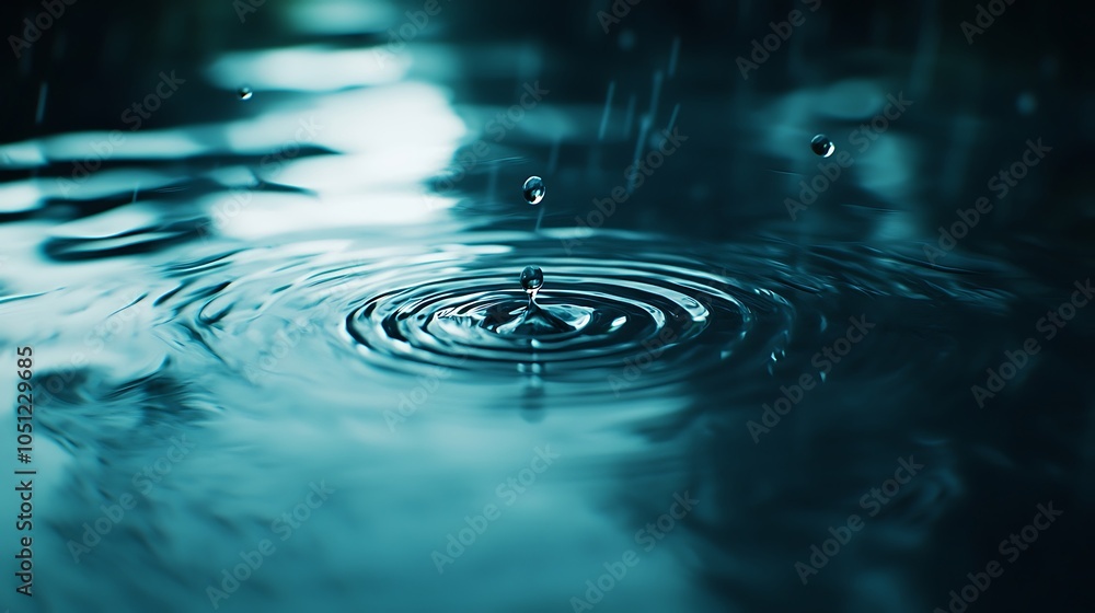 Aufkleber the image captures a close-up view of rippling water as raindrops create concentric circles on the s
