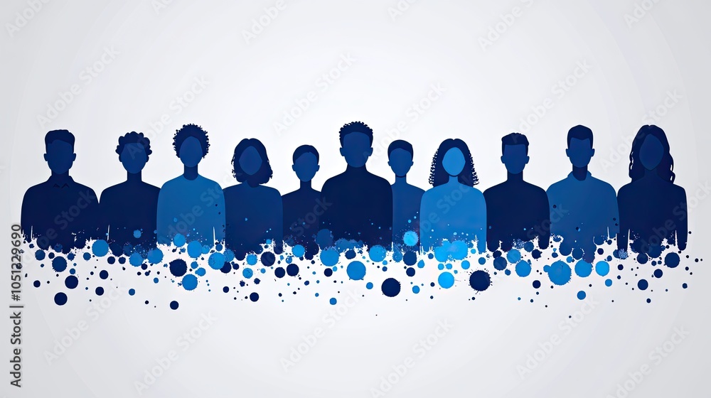 Poster set of simple icons representing people in groups, designed in blue and grey against white background for easy recognition.image