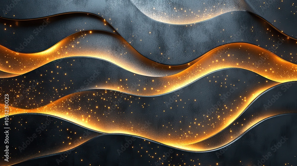 Poster shimmering abstract pattern with golden and silver wavy lines, symbolizing modern design elements.st