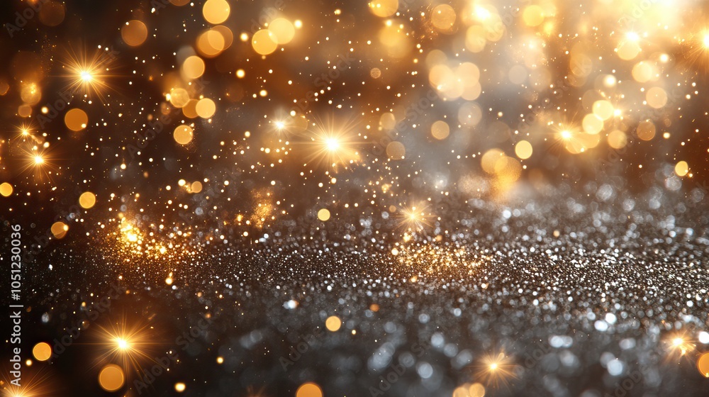 Aufkleber shimmering silver and gold background filled with bokeh lights and fireworks for festive feel.illust