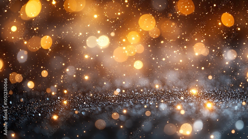 Poster shimmering silver and gold background filled with bokeh lights and fireworks for festive feel.