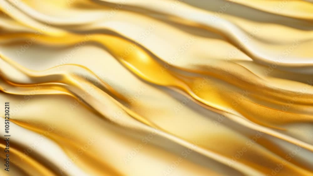 Poster a close-up view of golden silk fabric with soft, flowing waves, creating a luxurious and elegant bac