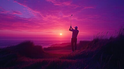 Fototapeta premium silhouette of man playing golf at sunset, against vibrant purple sky.
