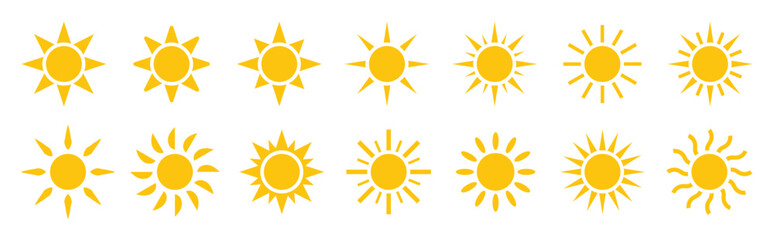 Sun icon set. Yellow sun star icons collection. Sunshine, sunset collection, summer, sunlight – stock vector