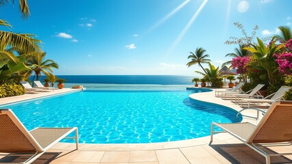 Fototapeta premium A luxurious poolside oasis with clear blue water and a view of the expansive horizon, perfect for a tranquil escape and relaxation.