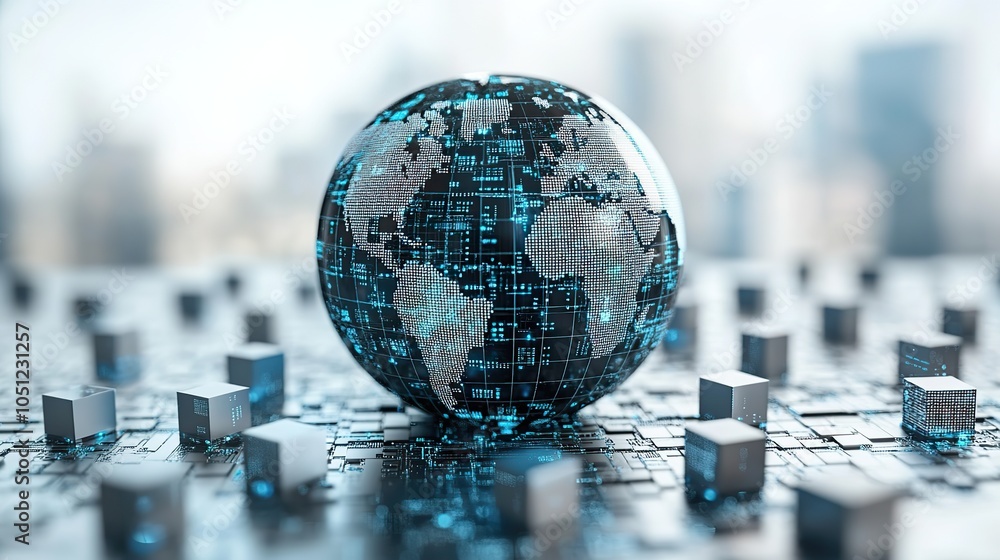 Poster silver digital globe surrounded by small cube icons on white background represents global network connections.image