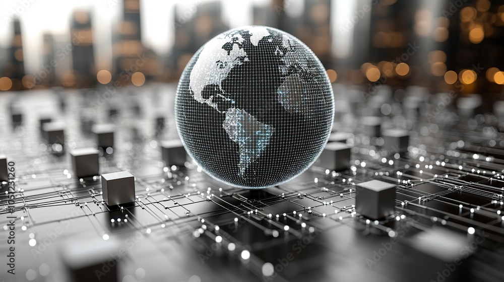 Poster silver digital globe surrounded by small cube icons on white background represents global network co