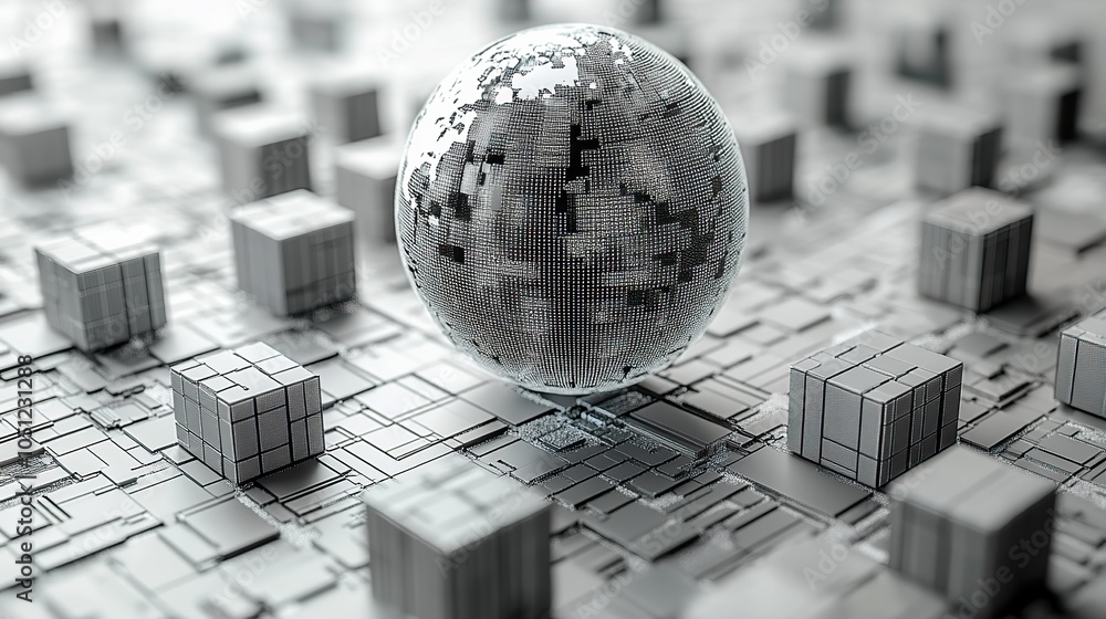 Poster silver digital globe surrounded by small cube icons on white background represents global network co
