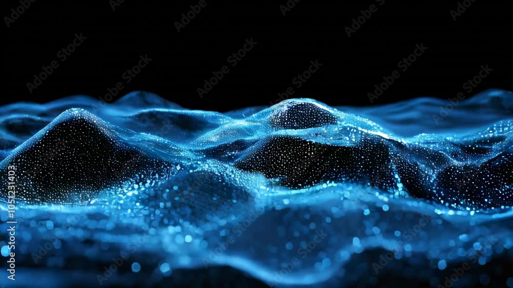 Poster abstract digital waves in blue with particles, creating a futuristic, data-inspired background repre