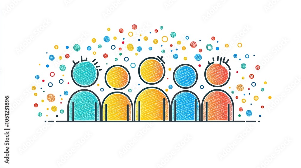 Poster simple line icon featuring people working together, emphasizing teamwork, in pastel colors on white 