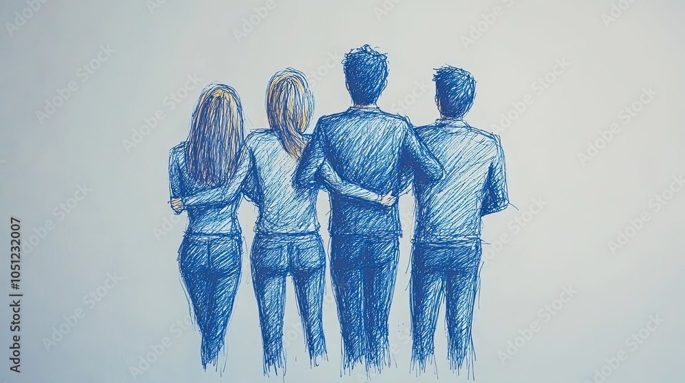 Poster simple one-line drawing of team members huddled together from top view, symbolizing teamwork on whit