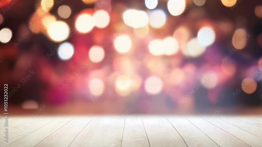 Poster Empty wooden table with a blurred bokeh background in warm tones, ideal for holiday display and product presentation.