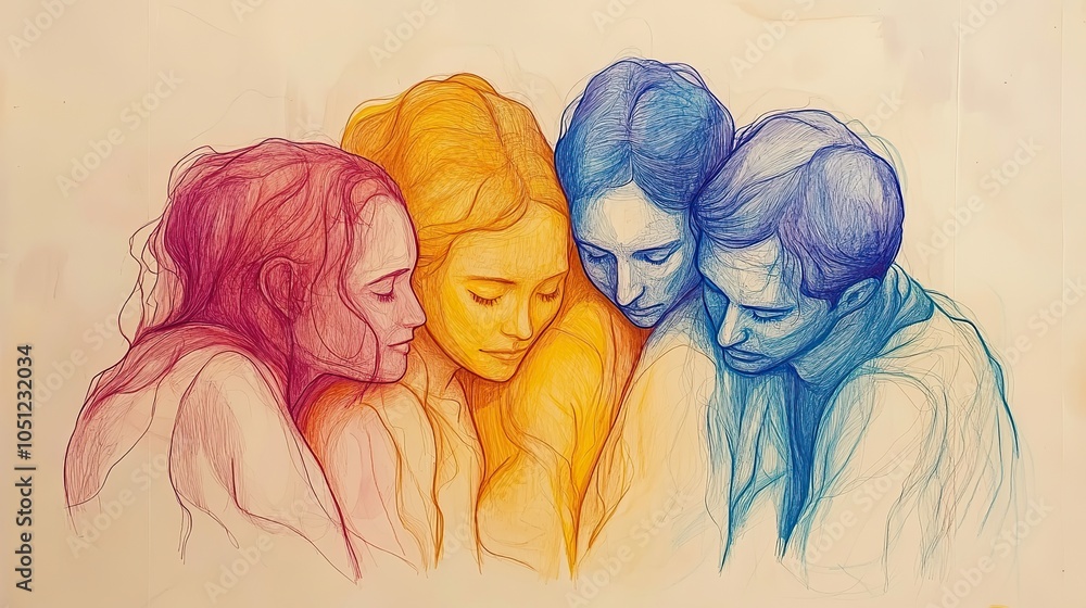Poster simple one-line drawing of team members huddled together from top view, symbolizing teamwork on white background.stock photo