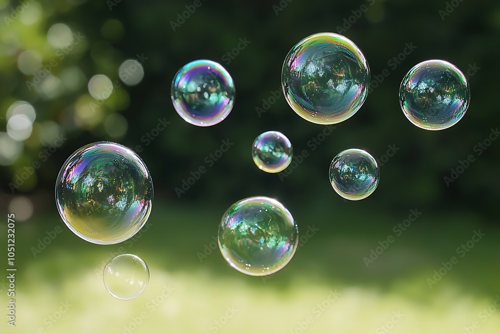 Aufkleber floating soap bubbles shimmer in the sunlight, creating a magical and colorful scene against a blurr
