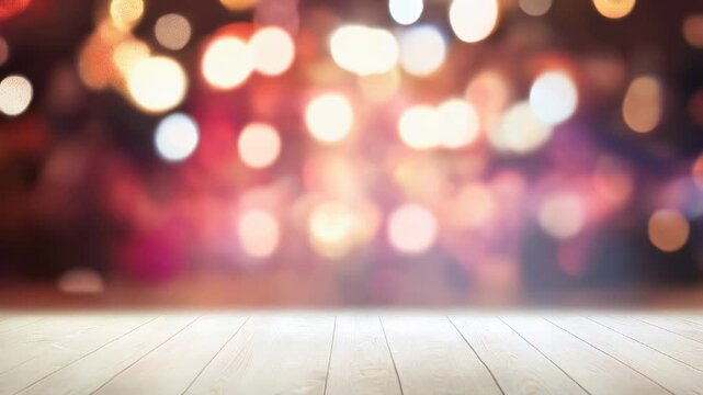 Empty wooden table with a blurred bokeh background in warm tones, ideal for holiday display and product presentation.