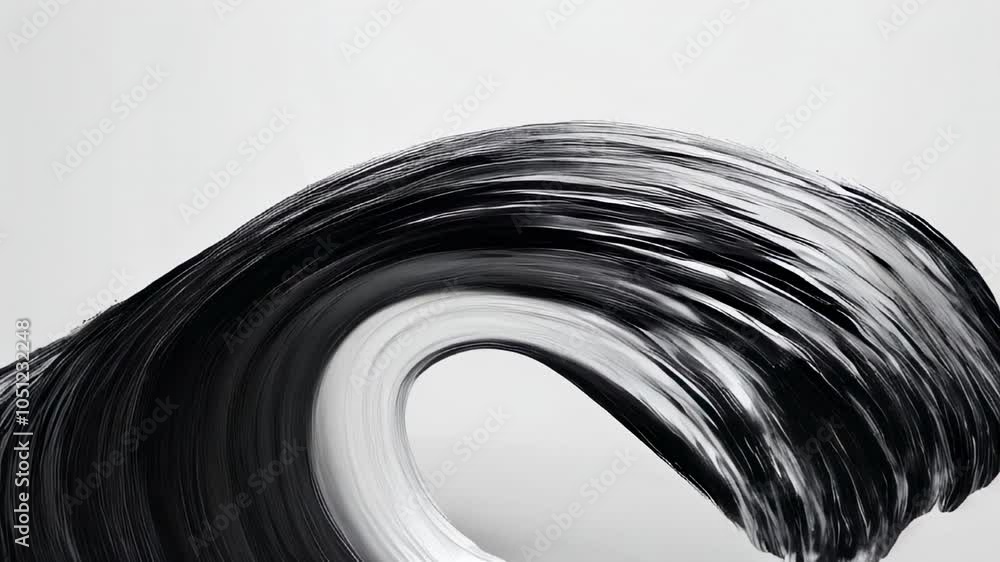 Poster dynamic black and white brushstroke forming a wave shape, blending movement and contrast in an abstr