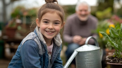 Girl waters plants, elders in view.
