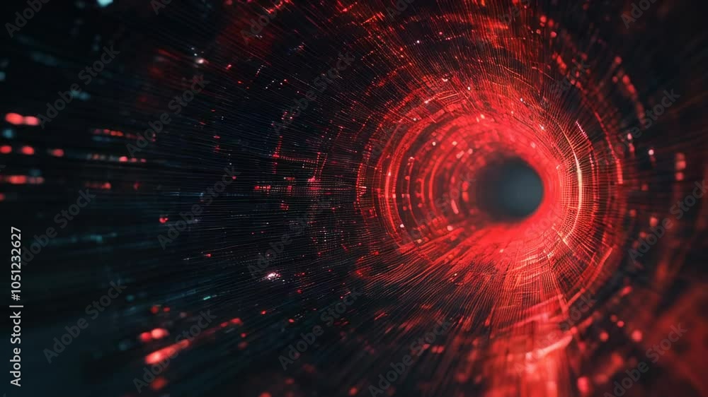 Poster abstract digital tunnel in red hues, featuring light trails that create depth and movement for a fut
