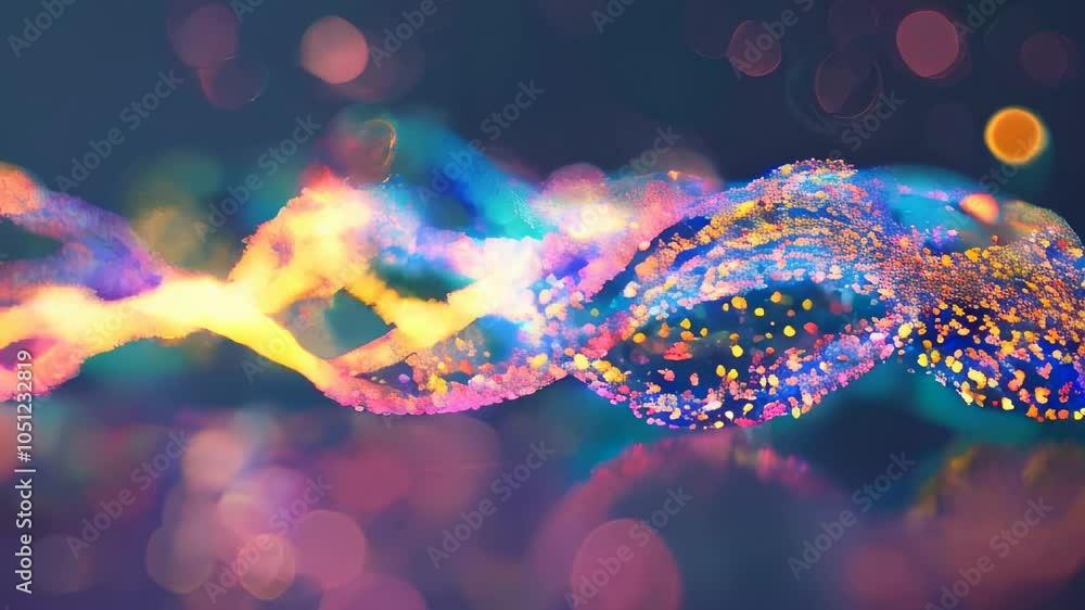 Poster a vibrant wave of light particles in colorful hues, creating a glowing, dynamic visual effect with b