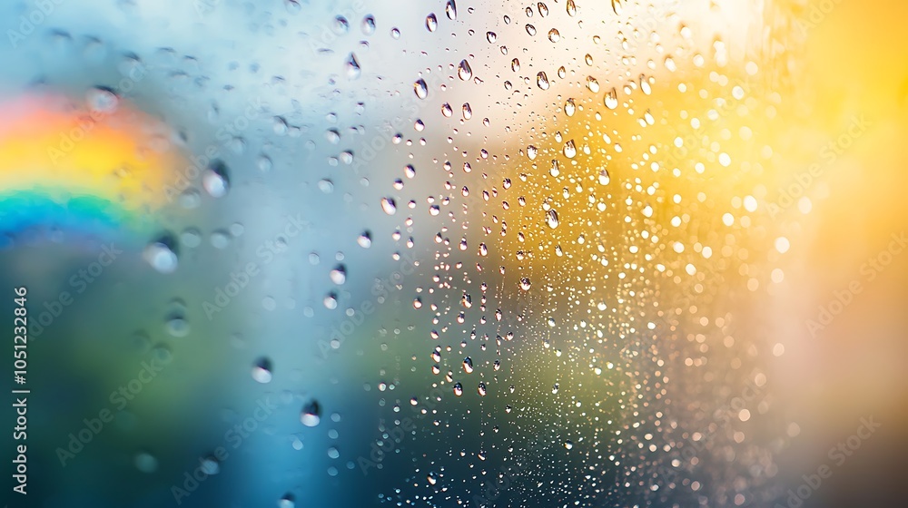 Poster a close-up view of raindrops on a window, with a colorful blur of light and a rainbow in the backgro