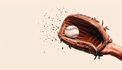 A baseball glove catching a flying baseball amidst a burst of dirt particles, symbolizing the excitement of the game.