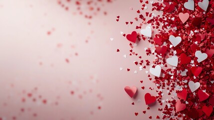 Colorful heart-shaped confetti spread across a soft pink background, creating a festive and romantic atmosphere, perfect for celebrations and special occasions.
